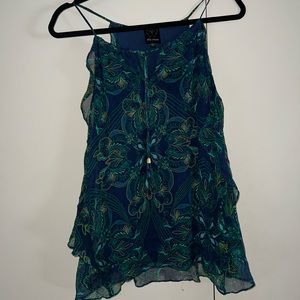 Ella Moss Navy Blue Green Silk Ruffle Kaleidoscope Tank Top Blouse Large L
